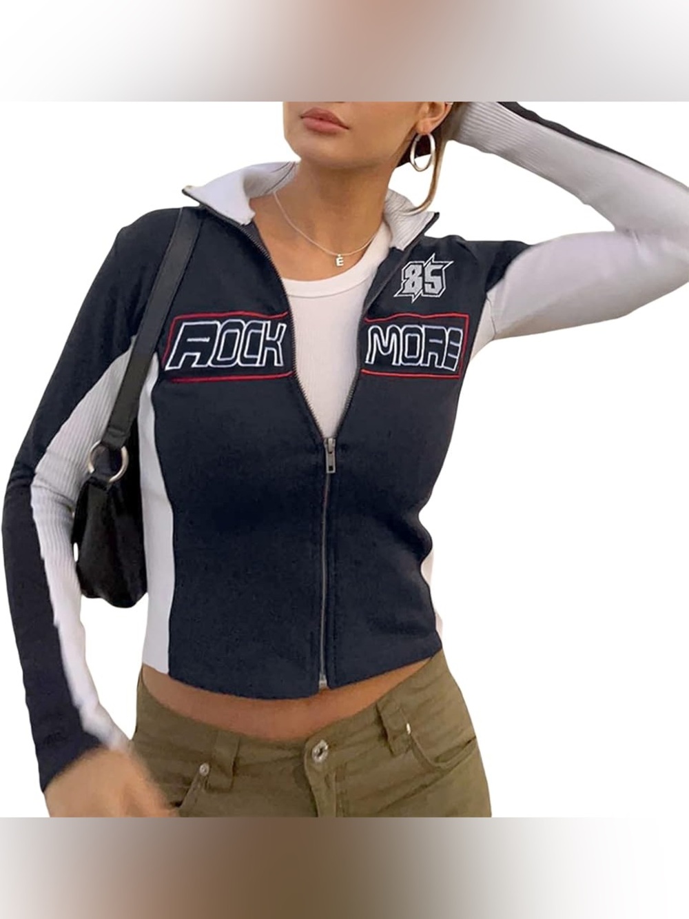 Black & White Zip-Front Varsity Jacket with Graphic Panels - Picture 1 of 7